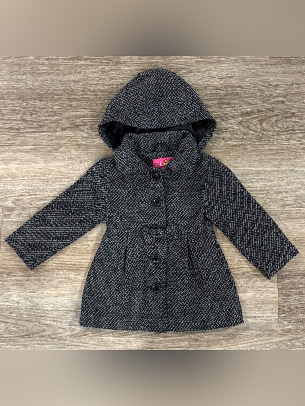 Pink Platinum Girls' Tweed Hooded Pea Coat with Bow 24 months
